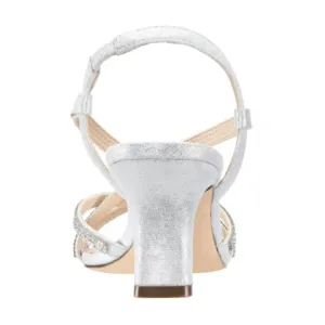 Back view silver slingback medium block heel sandal for OEM women footwear