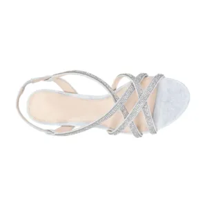 Top view silver glitter sandals with rhinestone crisscross straps medium heel