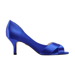 blue satin peep toe medium heels with pleated crossover straps OEM private label