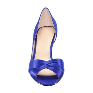 top view blue satin peep toe heels with crisscross pleated vamp medium heel