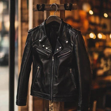 Black leather jacket shown as a custom apparel manufacturing category